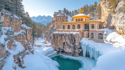 Snowy mountain temple nestled in a frozen canyon