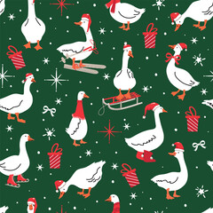 Winter Christmas pattern with white geese, Christmas design on green background .Vector illustration
