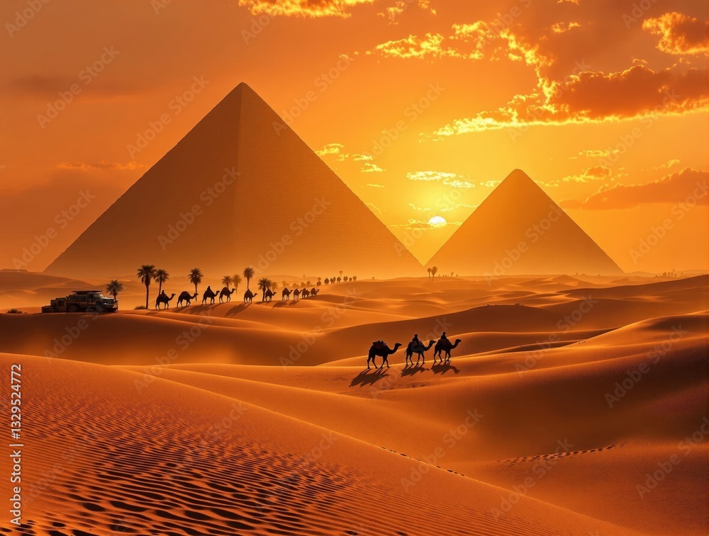 Poster a vivid portrayal of the pyramids of giza, set against a backdrop of a setting or rising sun. the fo