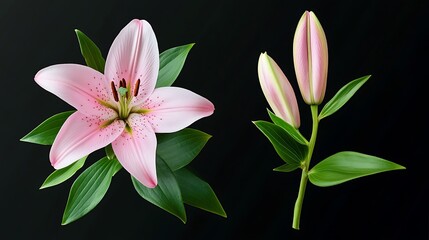 Pink Lily Blossom and Bud: A Close-Up Study Against Black AI Generated