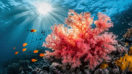 Fototapeta premium A vibrant and serene underwater scene showcasing a thriving coral reef teeming with diverse marine life swimming gracefully amidst the sunlit waters
