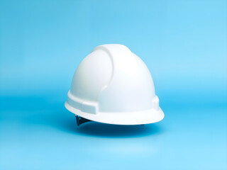 Fototapeta premium White construction hard hat with a shadow, on a blue backdrop. Generative AI
