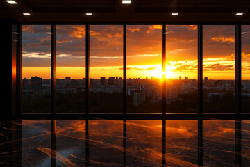Fototapeta premium modern office interior with panoramic windows showcasing stunning sunset over city skyline. reflection on polished floor adds to serene atmosphere