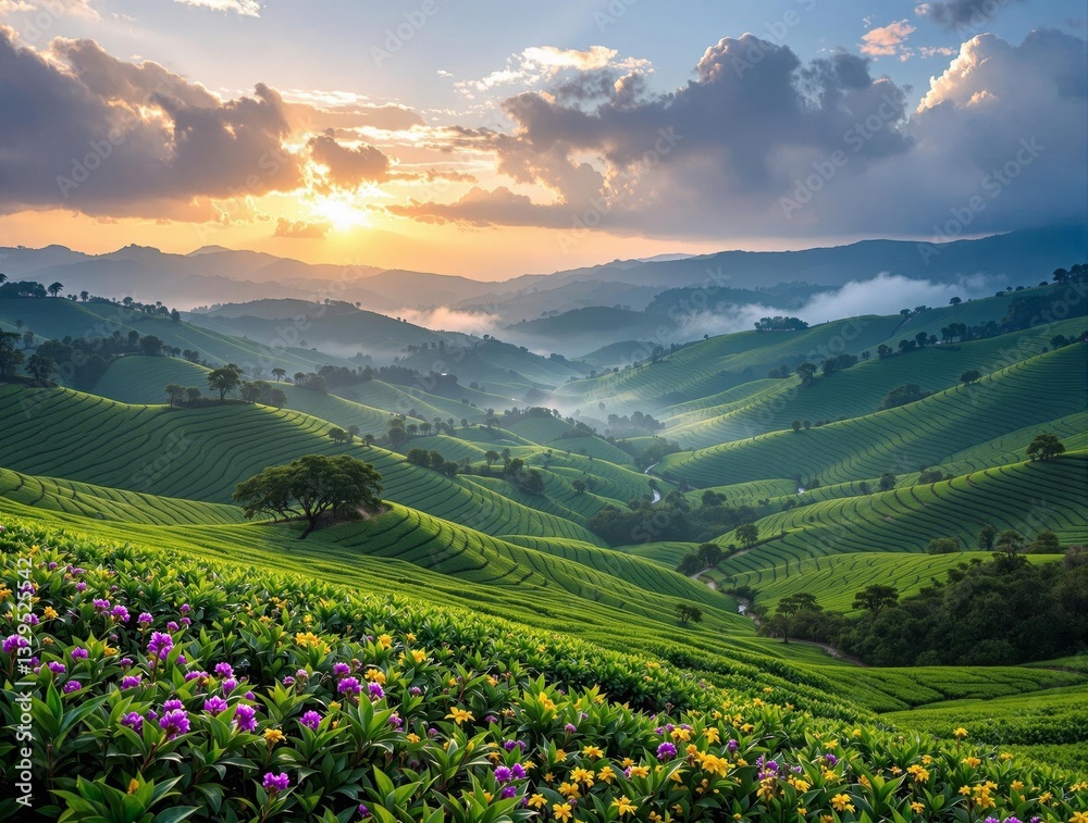 Poster a breathtaking view of a lush green hillside bathed in the golden light of a setting or rising sun, 