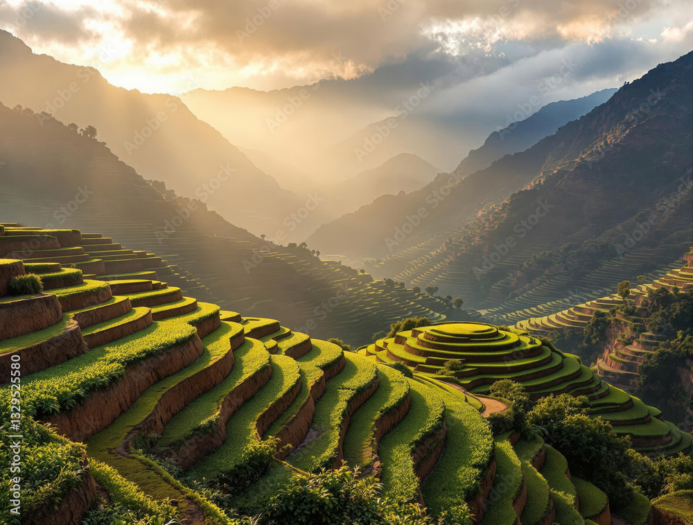 Poster a breathtaking view of terraced rice fields nestled between towering mountains, bathed in the soft g