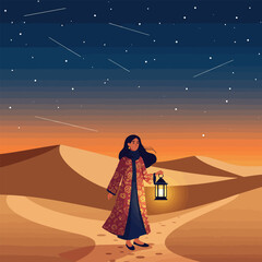 Fototapeta premium Woman Walking Desert Landscape at Dusk with Lantern Under Stars
