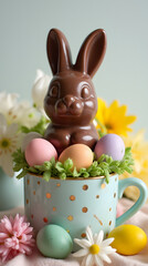 Chocolate Easter Bunny in a Festive Cup Surrounded by Colorful Eggs, Spring Flowers, and Delicate Decorations for a Joyful Celebration