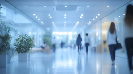 blurred view of modern office corridor with people walking, featuring bright lighting and indoor plants, creating serene atmosphere