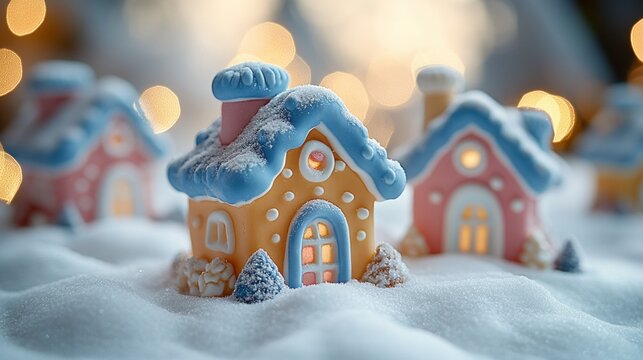 Snowy village of miniature gingerbread houses