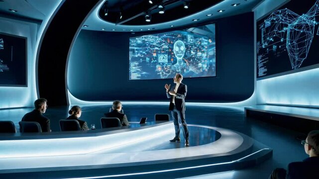 A male professional presents complex technological concept during high-tech meeting. Large digital screens display artificial intelligence interface and geometric network visualization