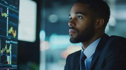 An ambitious professional strategizing for development with financial charts and market analysis tools