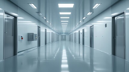Obraz premium a long, symmetrical hallway with doors and ceiling lights.