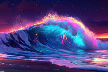 A vibrant, neon-lit wave crashes under a starry night sky, a surreal and colorful ocean scene.
