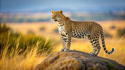 Fototapeta premium A leopard stands on a rocky outcropping overlooking the vast expanse of the savannah, its tawny coat blending seamlessly into the golden grasses below , landscape, wild