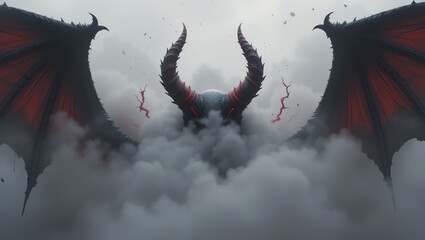 A mythical creature emerges from dark clouds, showcasing powerful wings and majestic horns, creating a captivating and mysterious atmosphere.