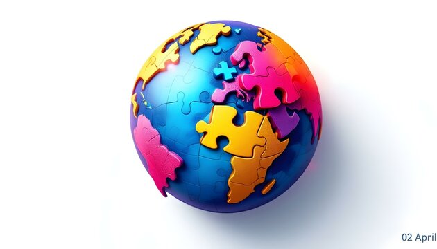 World autism awareness day with a puzzle globe and the text 'World Autism Awareness day '02 April' on a white background - Powered by Adobe