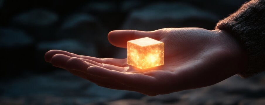 A hand gently holding a glowing golden cube in palm