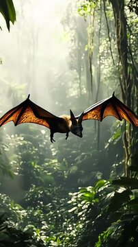 A Pterodactyl soaring over a dense prehistoric jungle