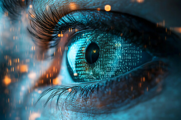 A close-up of an eye reflecting digital data, symbolizing technology, surveillance, and the intersection of humanity and artificial intelligence.