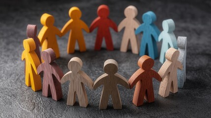 A visually captivating scene of small colorful wooden figures arranged in a circle representing the diversity and of a supportive