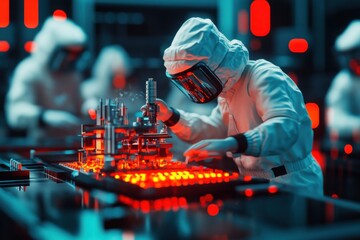 A cutting-edge pharmaceutical lab, researchers developing new medicine, glowing chemical reactions, futuristic drug synthesis technology, ultra-detailed