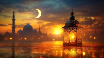 Fototapeta premium Serene ramadan night lantern illuminates a peaceful horizon with crescent moon and mosque silhouette