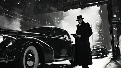 Enigmatic Figure in Vintage Noir Setting, Urban Drama with Antique Cars