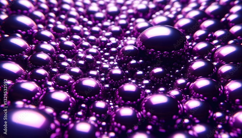 Poster a close-up view of glossy purple spheres, each reflecting light with a smooth and shiny surface, cre