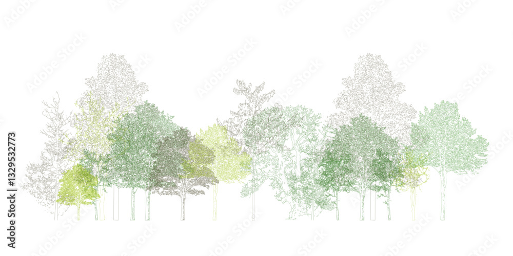 Poster architectural drawings, minimal style cad tree line drawing, side view, set of section wetland fores