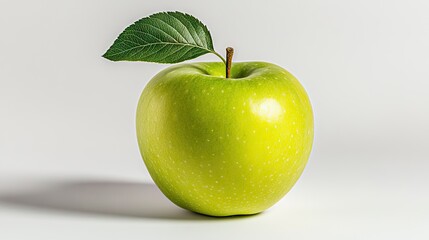 A fresh green apple with attached leaves, its crisp skin glistening under soft lighting against a clean white background.