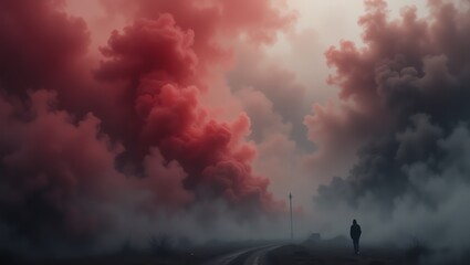 Fototapeta premium A solitary figure faces dramatic, colorful clouds at dusk, evoking a sense of mystery and contemplation in a surreal landscape.