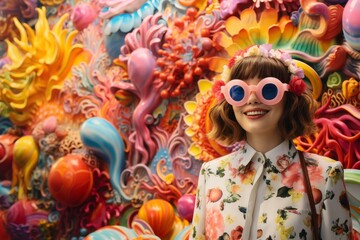 Fototapeta premium Woman adorned in floral outfits pose against a handcrafted flower setting, reflecting a vibrant blend of art, nature, and fashion.