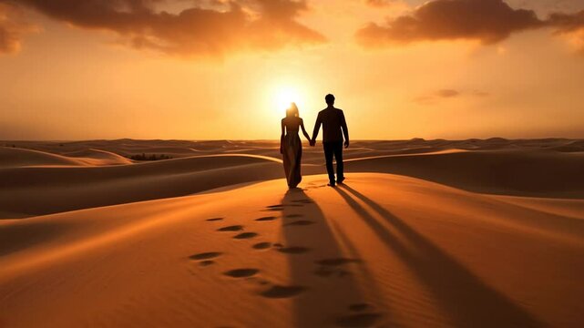Honeymoon couple walking towards the setting sun
on the sandy right. Metaphor for the mysterious future of marriage.

