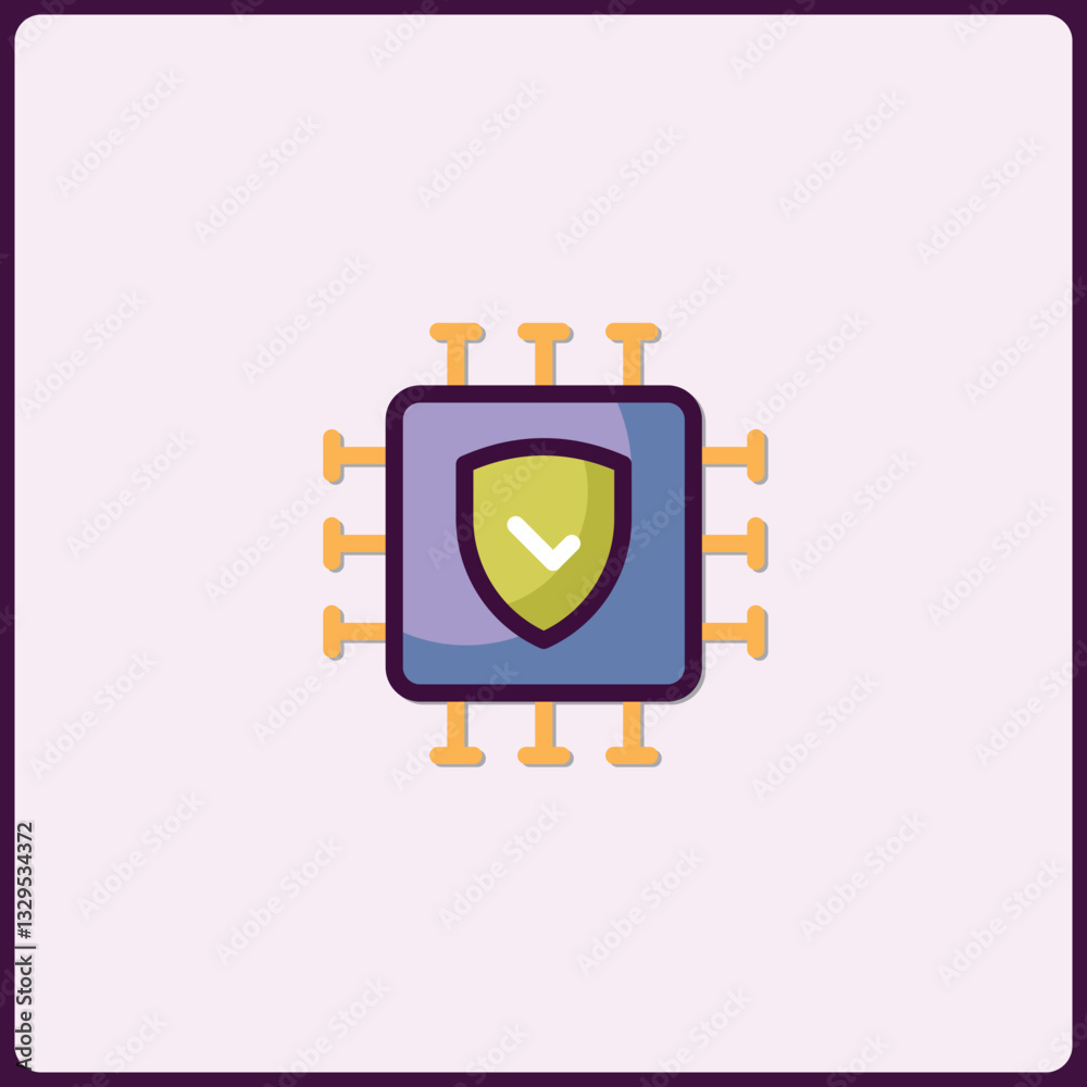 Poster stylized representation of secured microprocessor with verification symbol