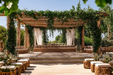 Naklejka premium Outdoor Wedding Venue with Greenery and Natural Wood Features