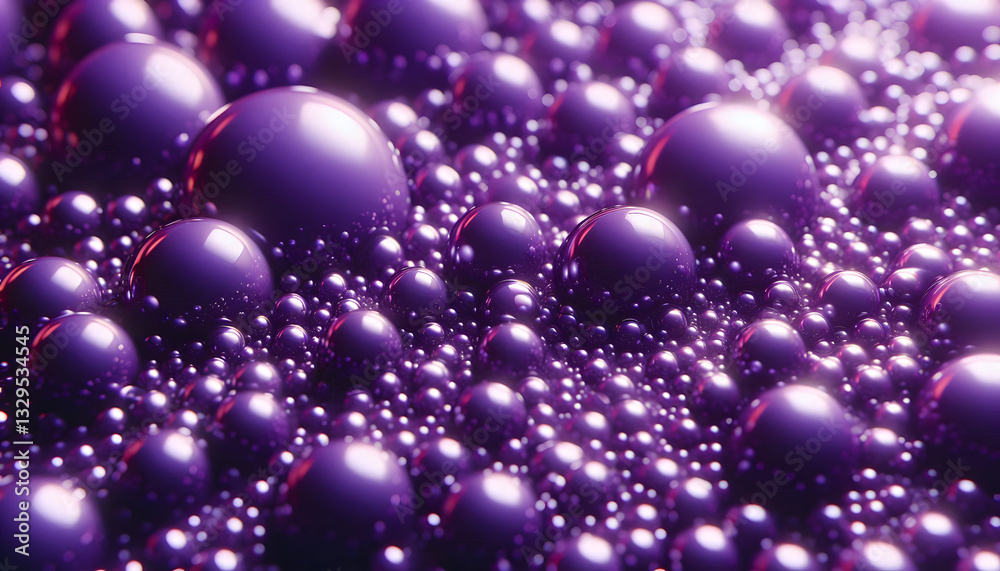 Poster a close-up view of glossy purple spheres, each reflecting light with a smooth and shiny surface, cre