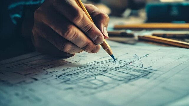 Hand drawing architectural plans with pencil on drafting paper in creative workspace