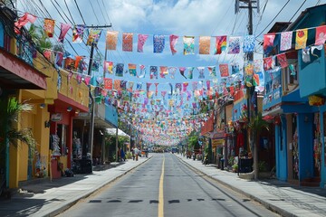 Naklejka premium Vibrant Street Decorated with Colorful Flags and Banners Under a Bright Blue Sky