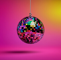 Obraz premium vibrant disco ball hanging against colorful gradient background, reflecting light and creating festive atmosphere. Perfect for party themes and celebrations