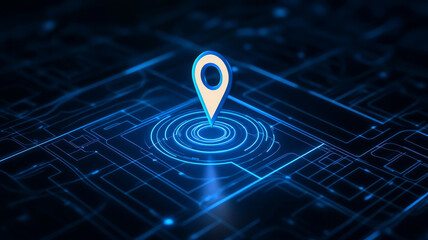 digital map interface featuring prominent location marker in blue tones, conveying sense of navigation and technology
