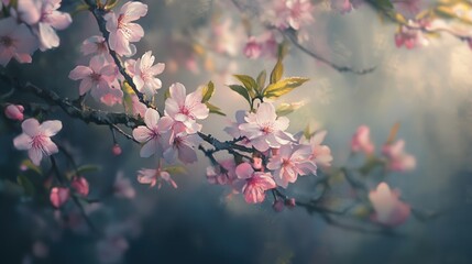 Obraz premium Cherry tree branch with blooming pink flowers in close-up, the soft petals