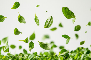 Falling oregano leaves isolated on white background