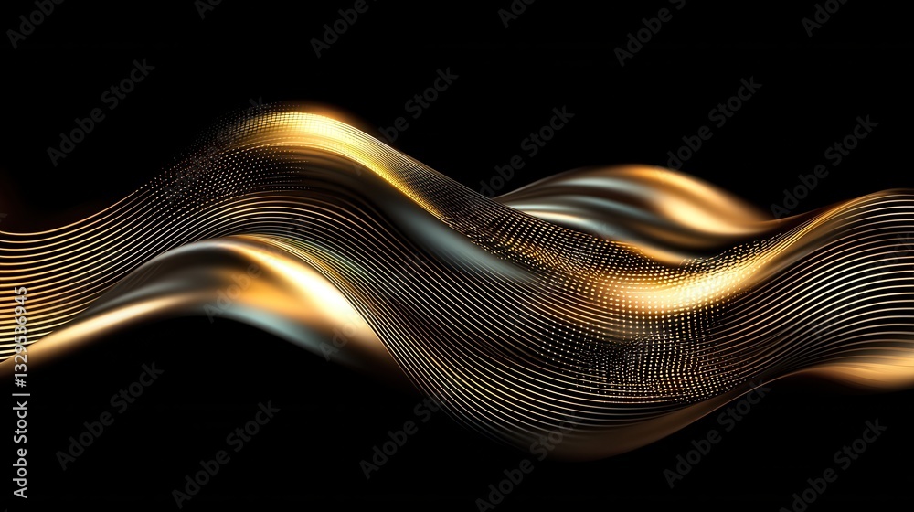 Poster abstract digital artwork featuring an intricate flowing pattern of luminous golden waves creating a 