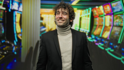 Fototapeta premium Young man in casino standing near slot machines indoors reflecting happiness and leisure with handsome appearance and attractive style under vibrant colorful lights.