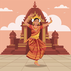 Fototapeta premium Woman Dancing in Traditional Attire Near Temple with Ornamentation