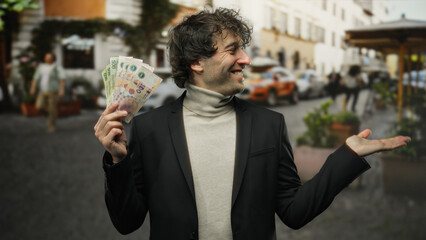 Hispanic man showcasing argentine pesos on a bustling city street, reflecting banking and financial...