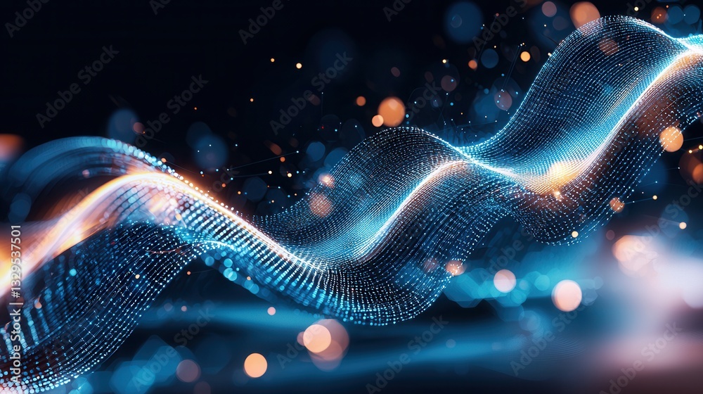 Poster mesmerizing abstract composition of luminous undulating waves of digital data and particles against 