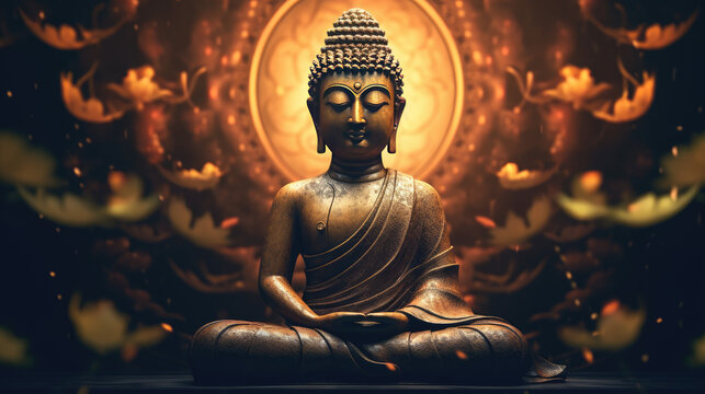 Big buddha statue with lotus flowers. Buddha silhouette, background beliefs of Buddhism.	
