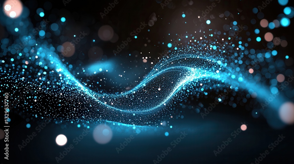 Poster mesmerizing abstract visuals depict a dynamic flow of luminous digital particles traversing a swirli