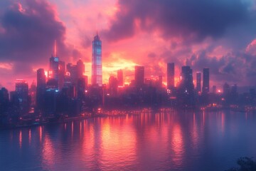 Fototapeta premium a skyline with tall buildings at sunset. The sky is a beautiful blend of colors with the city lights reflecting on the water